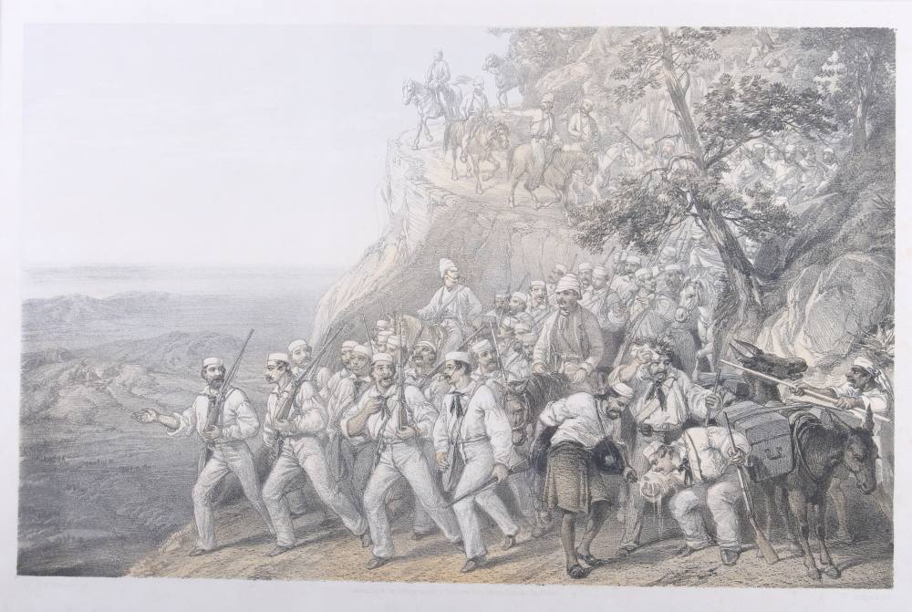 A 19th century lithograph, "The First Bengal Fusiliers Marching down from Dugshai", in strip