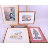 A quantity of watercolours, including a portrait of a woman, landscapes, houses, etc and other