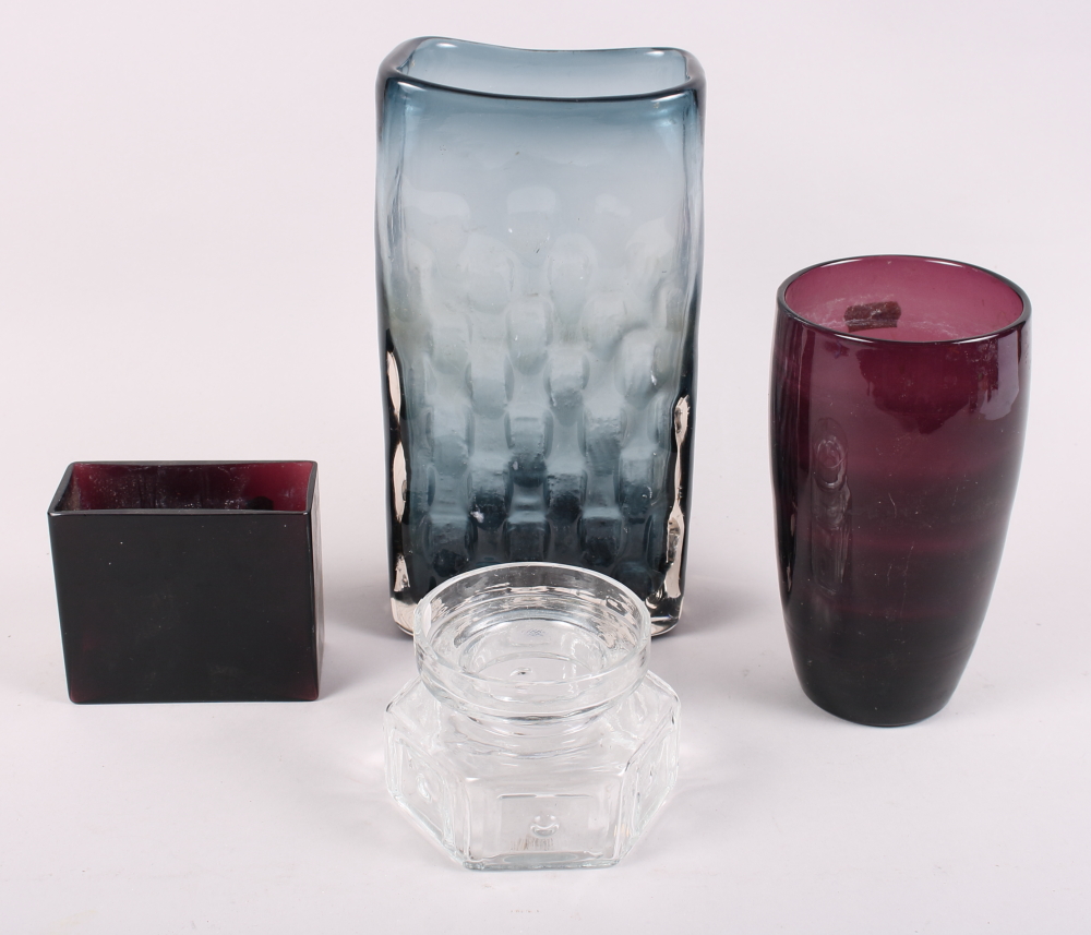 A Whitefriars smoky quartz vase, a purple glass vase, a clear glass jar and an Orrefors