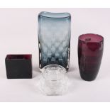 A Whitefriars smoky quartz vase, a purple glass vase, a clear glass jar and an Orrefors