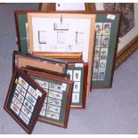 A quantity of framed cigarette cards, including football players, ancient artefacts and other