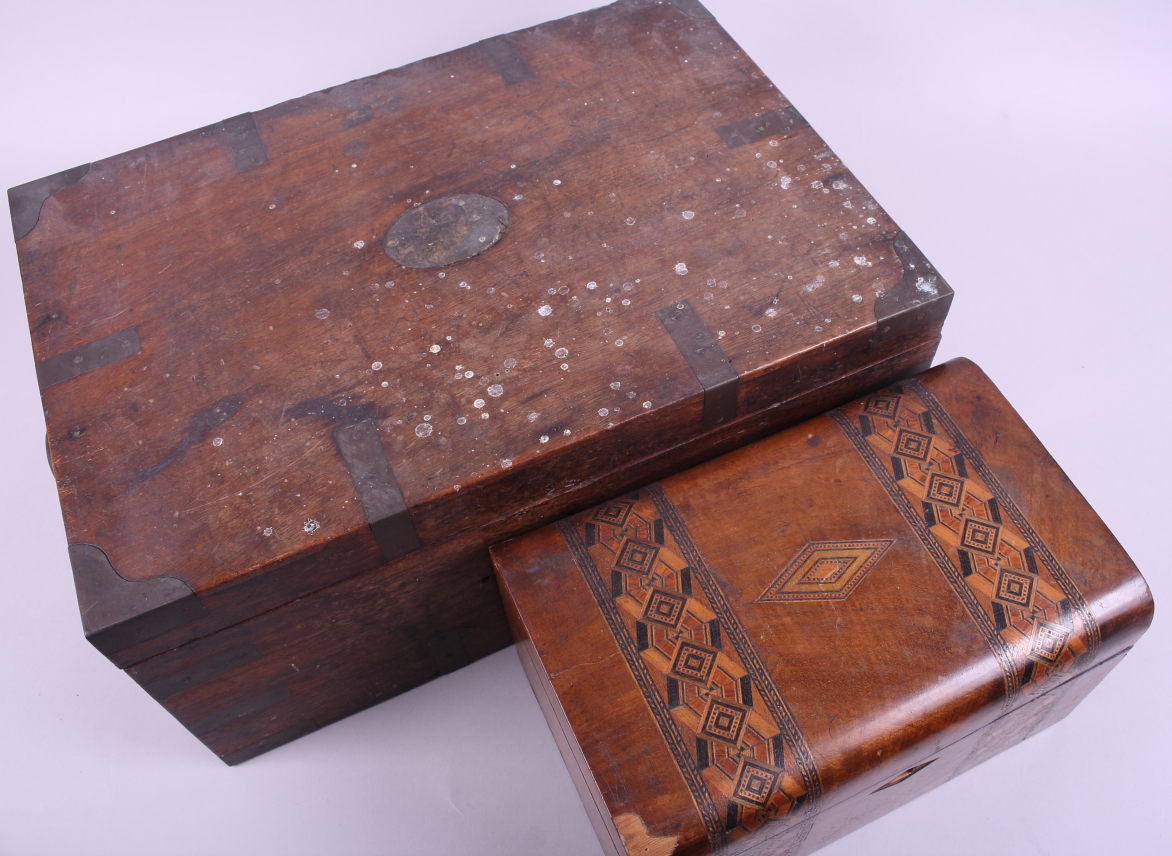 An oak box with metal fittings and carrying handles, 16 1/2" wide x 7" high, and a Tunbridge ware - Image 2 of 3