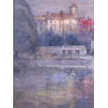 A watercolour view of a chateau from a lake, indistinctly signed, 12" x 9", in silvered frame
