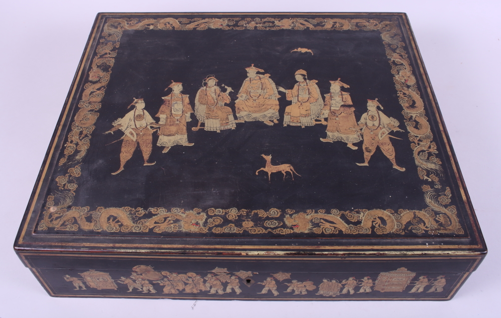 A late 19th century Chinese lacquered box with figure decoration, 16 1/2" wide, and a collection