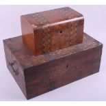 An oak box with metal fittings and carrying handles, 16 1/2" wide x 7" high, and a Tunbridge ware