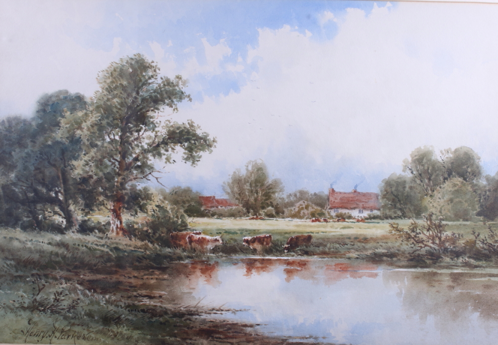 Henry H Parker: a pair of watercolours, "Riverway" and "At Hemingford Grey", 14" x 21", in gilt