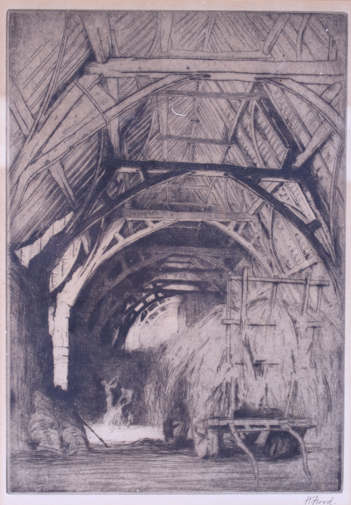 D Y Cameron: an etching of the Perth Bridge, 7 1/4" x 10 1/2", and another print, interior of barn, - Image 2 of 3