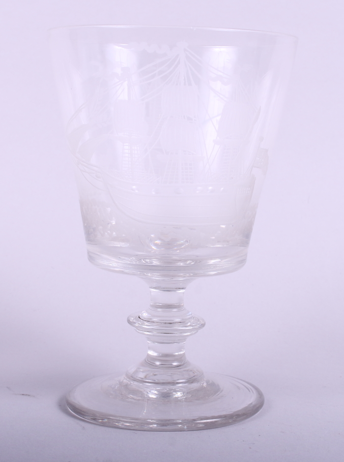 An engraved glass goblet decorated with a ship and windmill, reputedly owned by the Belgian