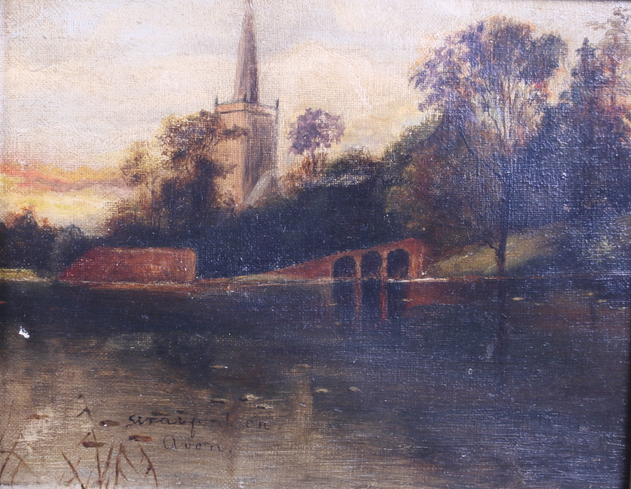 An oil on canvas, Stratford-upon-Avon with view over field, 6 1/2" x 8 1/2", and a Continental - Image 3 of 4