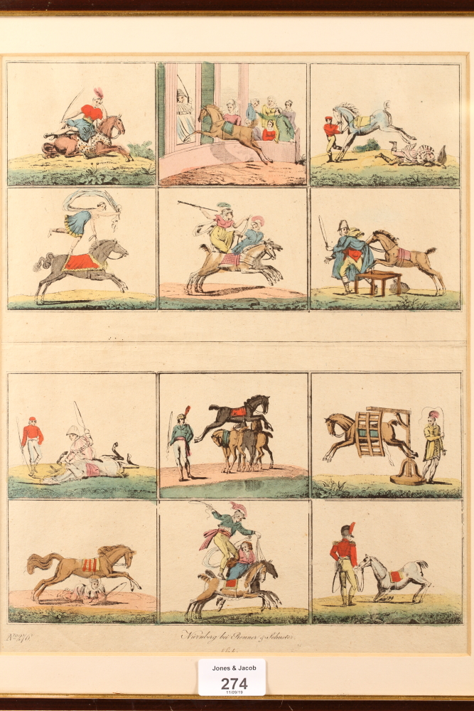 A 19th century hand-coloured engraving, comic horse scenes, in ebonised strip frame