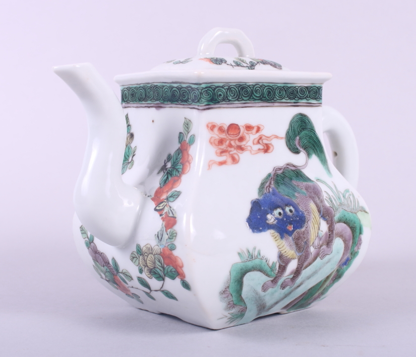 A Chinese famille vert square teapot, decorated mythical beasts and foliage, 5" high - Image 3 of 9