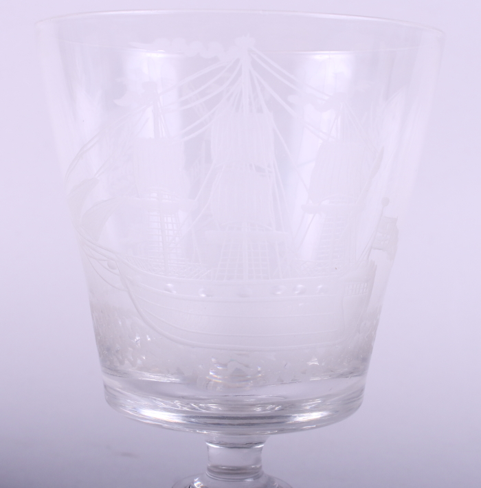 An engraved glass goblet decorated with a ship and windmill, reputedly owned by the Belgian - Image 2 of 6