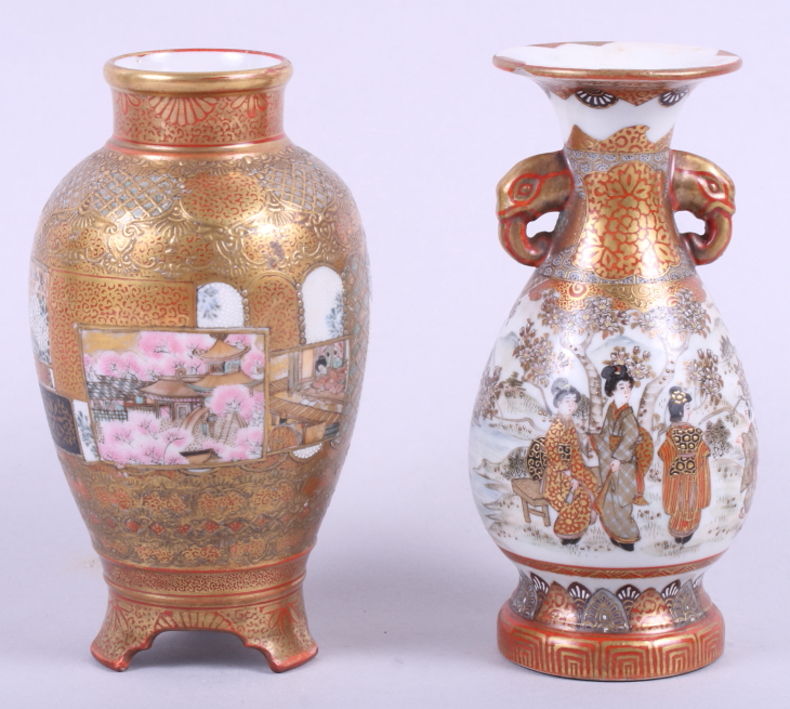 A Satsuma oviform vase with figured panels and brocade ground, 4 1/2" high, and a similar two-