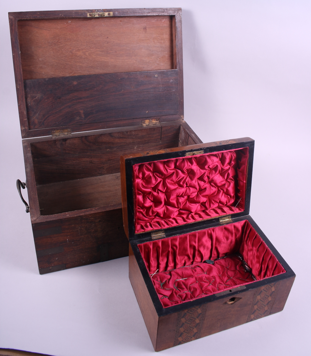 An oak box with metal fittings and carrying handles, 16 1/2" wide x 7" high, and a Tunbridge ware - Image 3 of 3