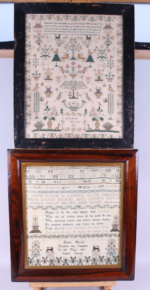 An alphabetical and numerical sampler, by Emily Harris, dated 1827, in rosewood frame, and another