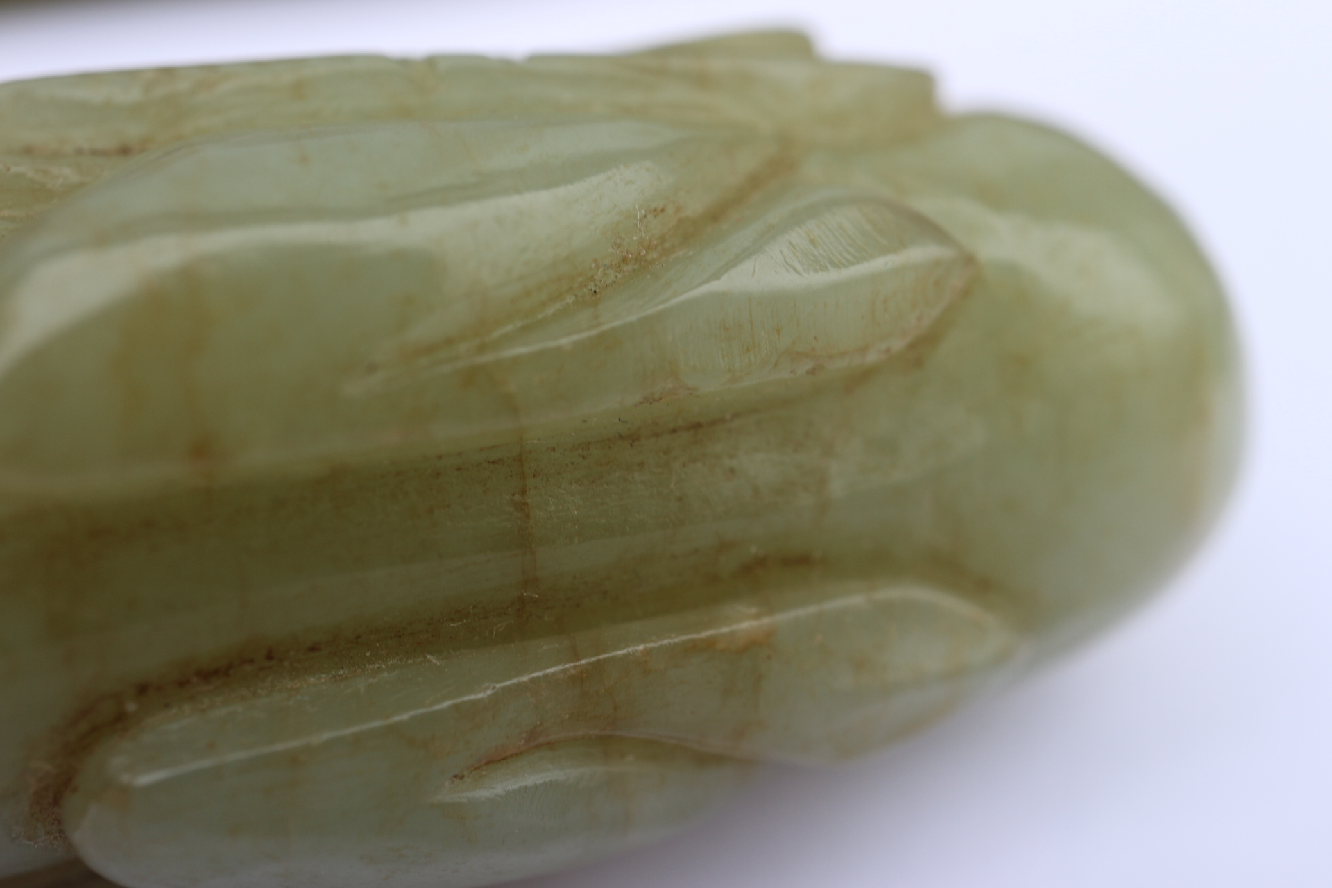 A Chinese carved pale celadon jade figure of a duck, 2 3/4" long, on associated carved hardwood - Image 8 of 22