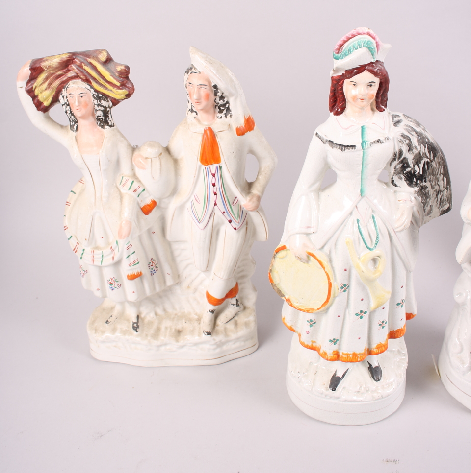 A pair of 19th century Staffordshire figures, drummer boy and girl trumpet player, 14" high, and two - Image 2 of 5