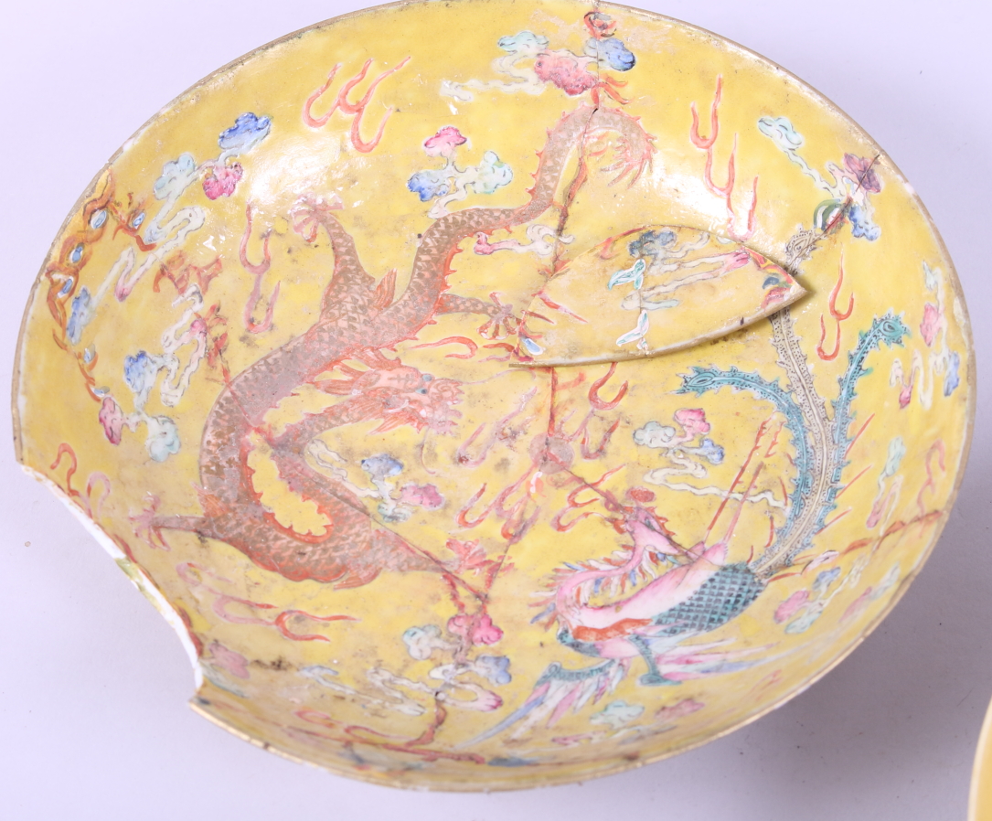 A pair of Chinese porcelain dishes, decorated dragons on a yellow ground, six character marks to - Image 2 of 18