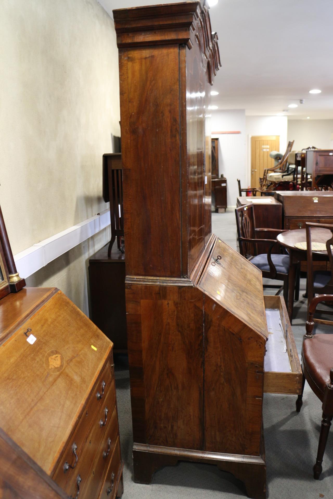 An early 18th century figured walnut double dome top bureau bookcase, the upper section with drawers - Image 7 of 12