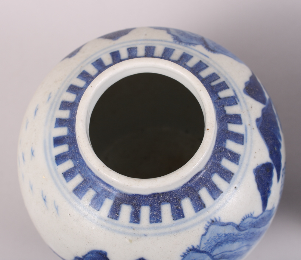 A Chinese blue and white baluster vase, 6 1/2" high (drilled base), two smaller blue and white vases - Image 5 of 12