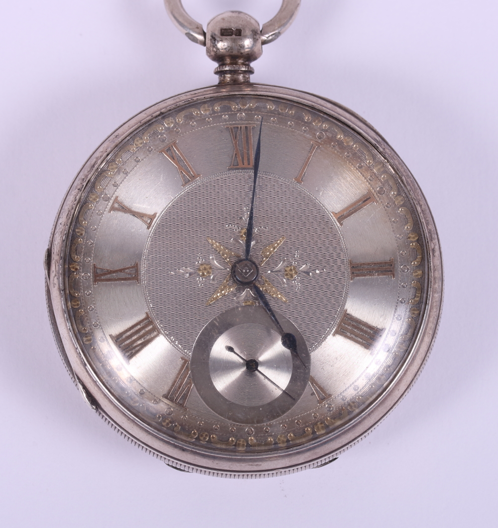 A 19th century silver cased open-faced pocket watch with silvered dial, Roman numerals and - Image 2 of 15