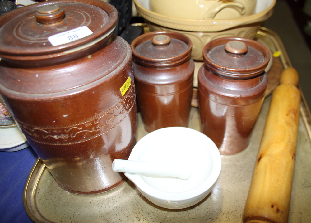 Three 19th century stoneware storage jars, two stoneware casseroles and covers, a boxwood rolling - Image 2 of 3
