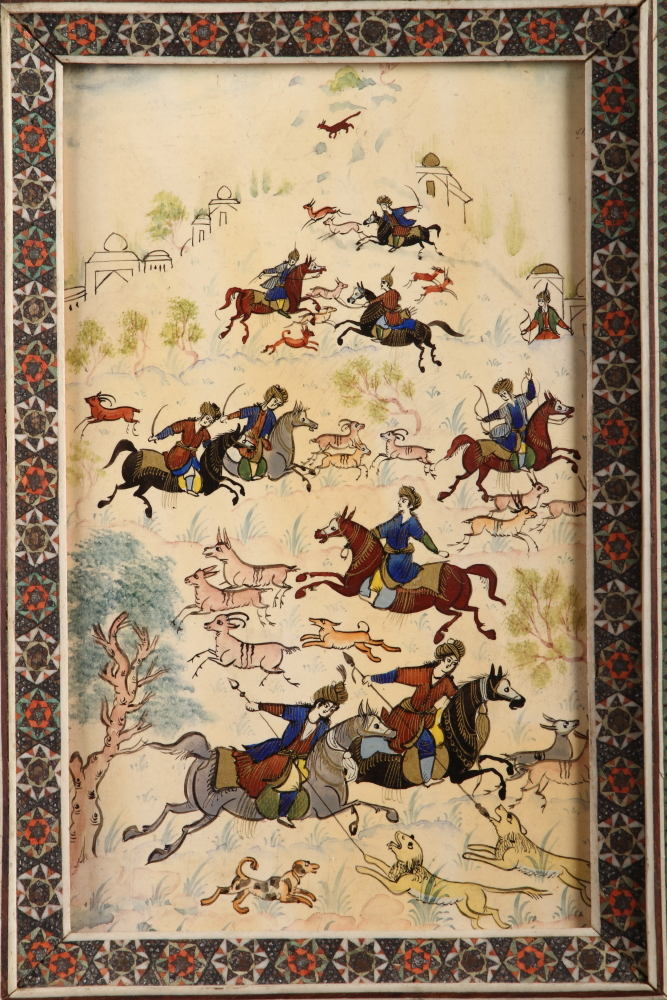A Persian miniature, hunting scenes, 7" x 4 1/4", in inlaid frame