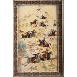 A Persian miniature, hunting scenes, 7" x 4 1/4", in inlaid frame