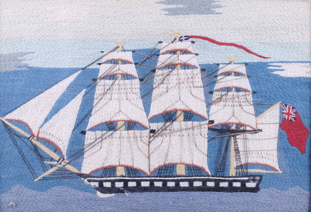 Two 19th century woolwork panels, sailing ships, 9 1/2" x 13 1/2" and 8 1/2" x 12", in walnut - Image 3 of 15