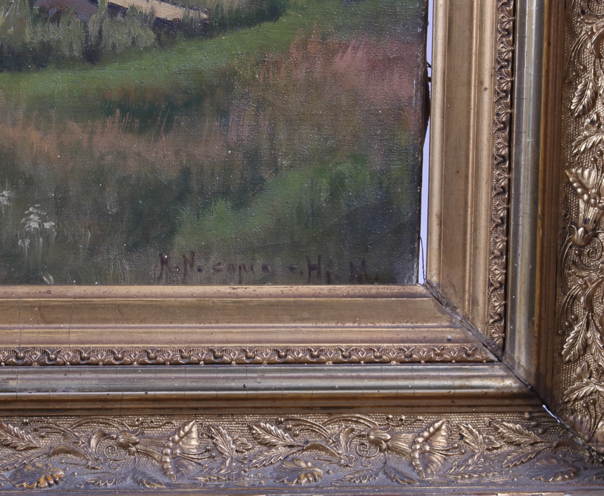 Finnish School?: oil on canvas, houses by a lake, 12" x 19", indistinctly signed, in gilt frame - Image 2 of 4