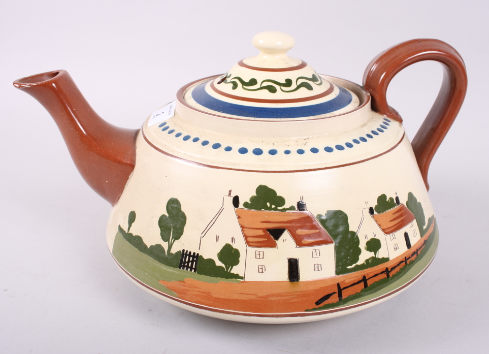 A Torquay Ware teapot, inscribed "Du ee cum in an drink a cu a tay", 14" wide (small chips to - Image 2 of 2