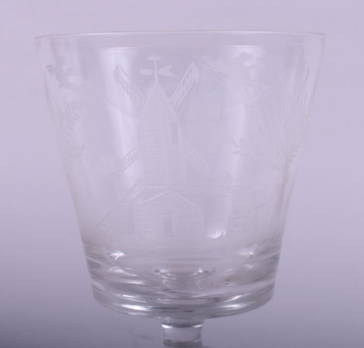 An engraved glass goblet decorated with a ship and windmill, reputedly owned by the Belgian - Image 4 of 6