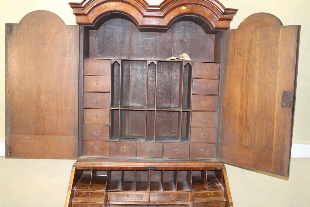 An early 18th century figured walnut double dome top bureau bookcase, the upper section with drawers - Image 3 of 12