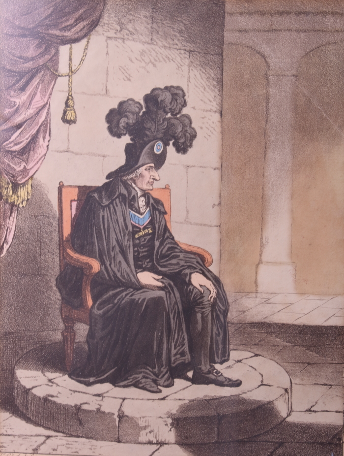 A 19th century hand-coloured print, "The Queen's Palace", two coloured Commedia dell’arte prints, - Image 4 of 6