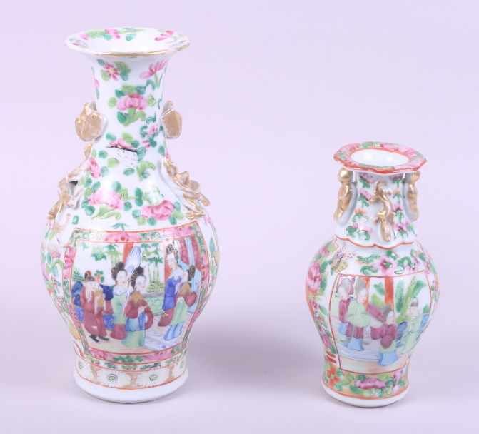 A 19th century Canton enamel baluster vase, decorated two panels of figures, 6" high, and a - Image 3 of 7