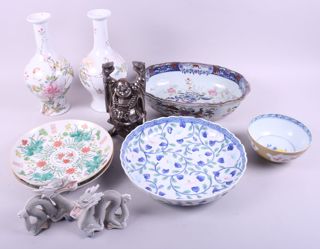 A pair of Chinese porcelain dishes with floral decoration, and various other Oriental inspired
