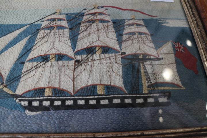 Two 19th century woolwork panels, sailing ships, 9 1/2" x 13 1/2" and 8 1/2" x 12", in walnut - Image 11 of 15