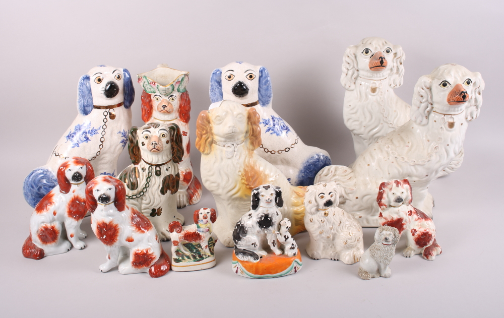Three pairs of 19th century spaniels and six other spaniel models, various sizes