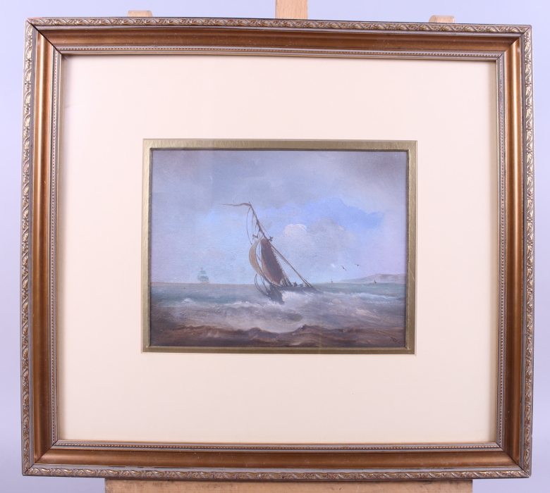 TBH: bodycolours, sailing boat on rough sea, 6 1/2" x 8 1/2", in gilt frame - Image 2 of 4