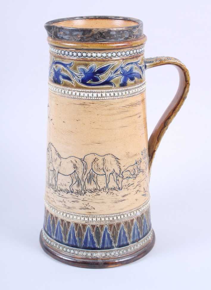 A Doulton Lambeth jug with silver rim, decorated with horses and cattle, by Hannah Barlow, 9 1/2" - Image 3 of 6