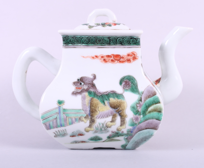 A Chinese famille vert square teapot, decorated mythical beasts and foliage, 5" high