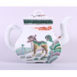 A Chinese famille vert square teapot, decorated mythical beasts and foliage, 5" high