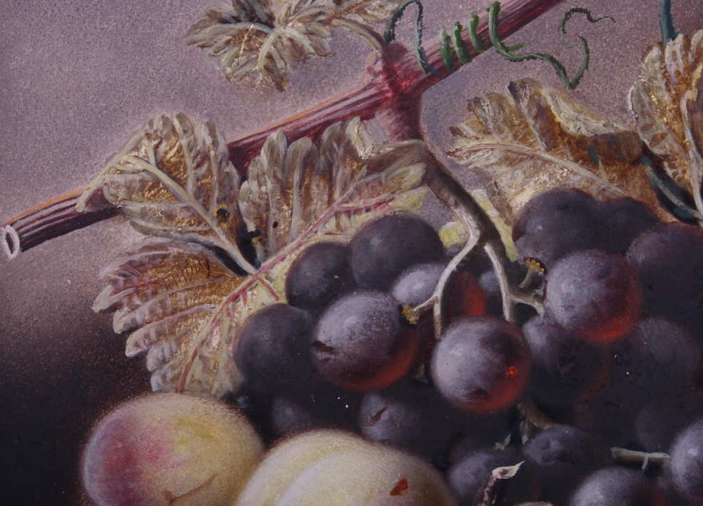 Oliver Clare: oil on board, still life of grapes, peaches and other fruit, 9" x 11 1/2", in black - Image 4 of 8