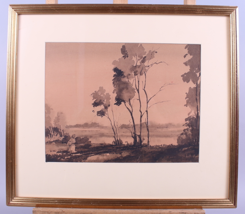 James Calder Kirkpatrick: watercolours, landscape with trees and figure, 8 1/2" x 11 1/2", in gilt - Image 2 of 4