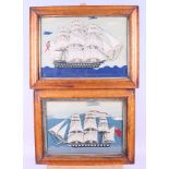 Two 19th century woolwork panels, sailing ships, 9 1/2" x 13 1/2" and 8 1/2" x 12", in walnut