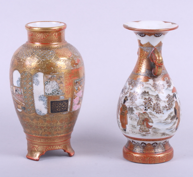 A Satsuma oviform vase with figured panels and brocade ground, 4 1/2" high, and a similar two- - Image 2 of 7