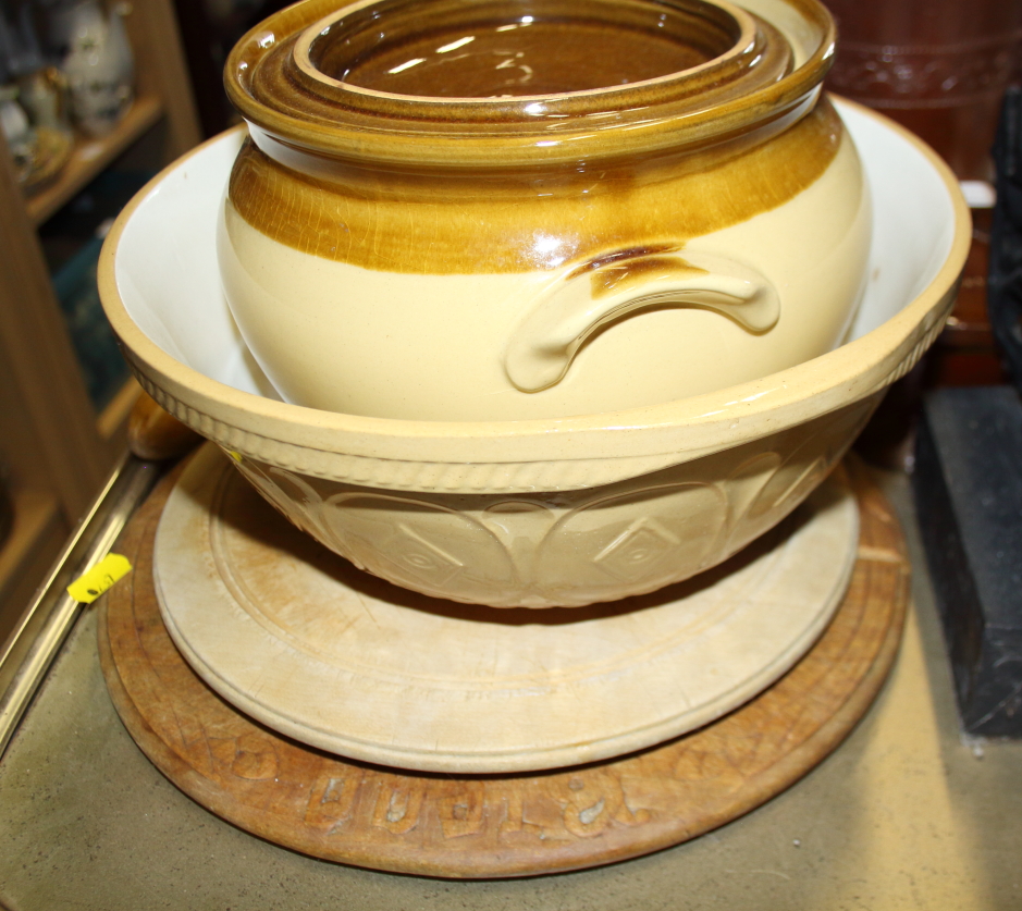 Three 19th century stoneware storage jars, two stoneware casseroles and covers, a boxwood rolling - Image 3 of 3