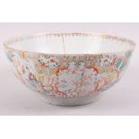 An 18th century Chinese export famille rose bowl, decorated figures, 10" dia (damages)