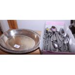 A silver plated entree dish and cover, and a selection of flatware with pewter handles