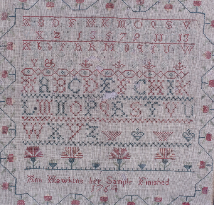 An alphabetical and numerical sampler by Ann Hawkins, dated 1784, 12" x 12", in green frame, with - Image 3 of 3